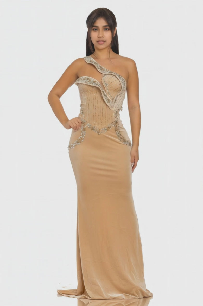 Velvet and Rhinestone One Shoulder Mermaid Maxi Dress